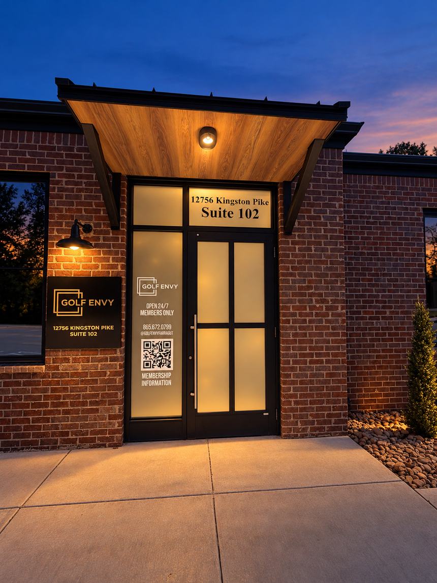 The front entrance of Golf Envy Farragut at 12756 Kingston Pike, Suite 102, lit at dusk